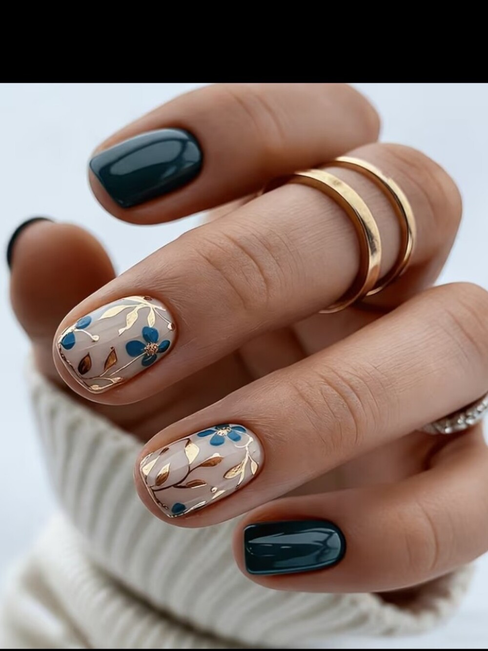 🔥3/$21 Floral Teal & Nude Press On Nail Set with Gold Accents